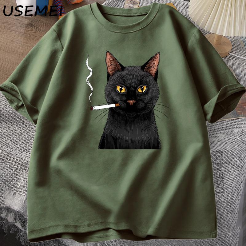 Smoking Cat TShirt Unisex Funny Y2K Vintage Trendy Streetwear Graphic T Shirt Edgy Cat Lover Tshirt Round Neck Short Sleeved Tee
