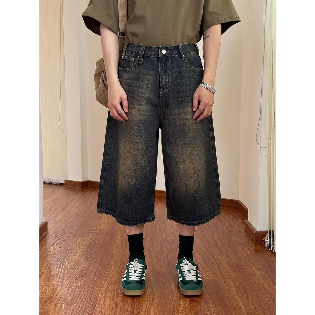 Retro and Old Design Sense Big Wide-leg Jeans Men's Summer New High-waisted Loose and Thin Cropped Pants