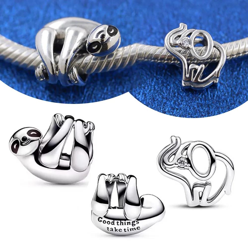 Copperopenwork Elephant Hanging Sloth Charms Beads Fit Pandora Bracelet For Women Diy Fine Jewelry Making