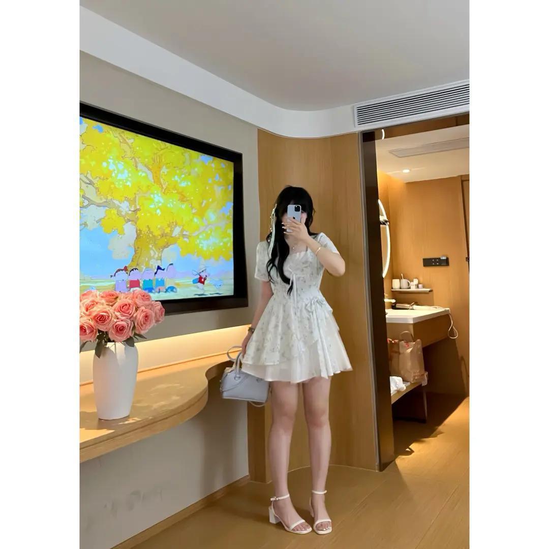 Sweet summer, design sense splicing fake two-piece sweet bow waist puffy short dress m recommended 42.5-50kg