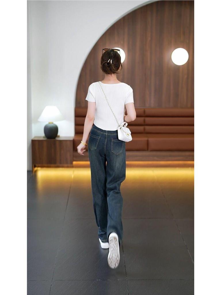 Panzhi Women's High-Waist Loose Fit Jeans - Spring Collection, Trendy Slimming Straight Leg, Casual Wide-Leg Design