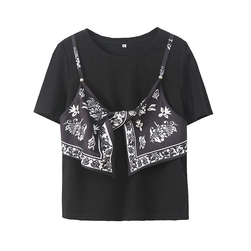 Vintage Silk Scarf Suspender Fake Two-piece Splicing T-shirt Summer New New Belly Cover and Thin Top 232806