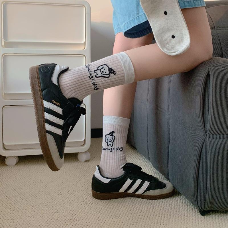 Puppy Socks Season Versatile Mid-Leg Socks Breathable Mesh Gray Cartoon Dog Girl Pile Socks