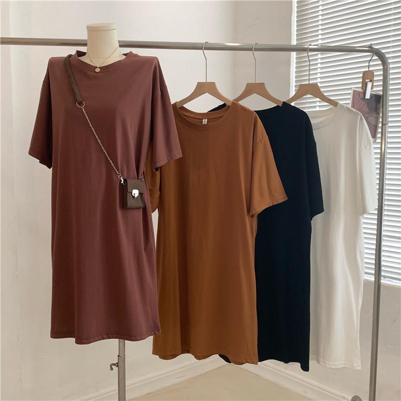 

969 #Real 200g pure cotton large size T-shirt long dress short sleeve women s loose pure cotton top tide M темно-коричневого