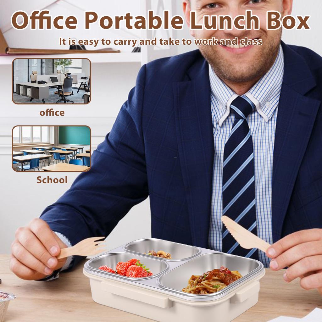 304 Stainless Steel Food Box with 3 Compartments Reusable Divided Food Storage Container for Kids Adults Students Dishwasher
