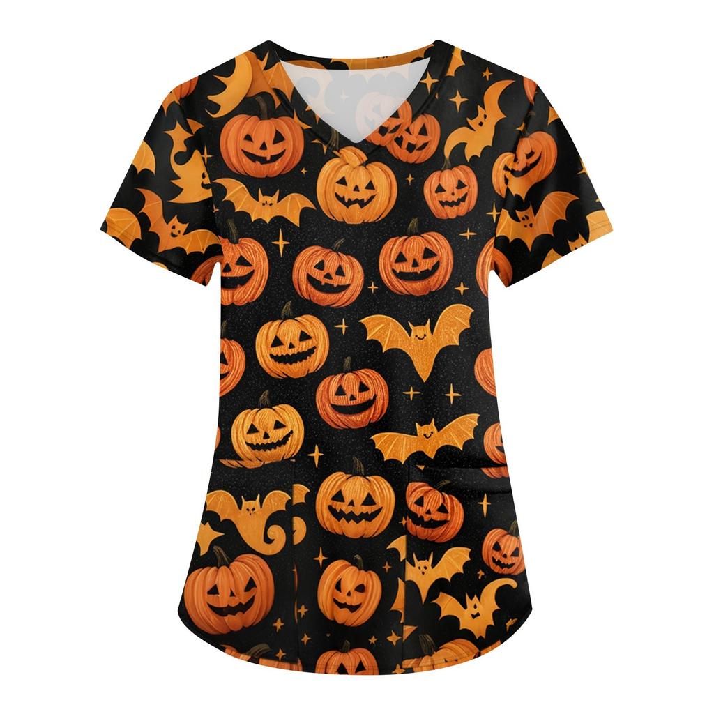 Women's Printing Uniform Work Uniform V-neck Pockets Basic Short Sleeve Pullover Top