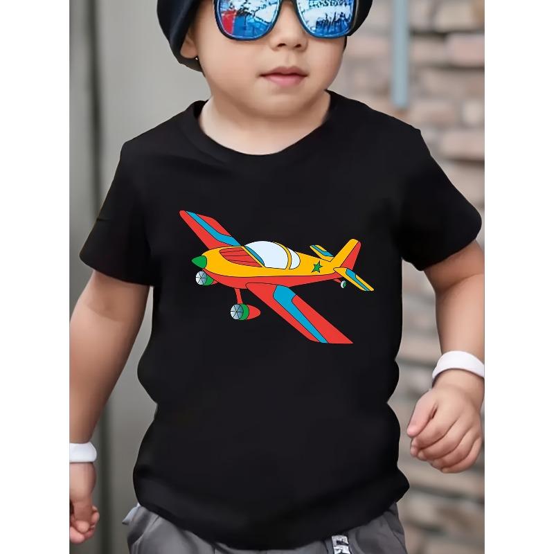 Boys Airplane Print Crewneck Casual Short Sleeve Tee