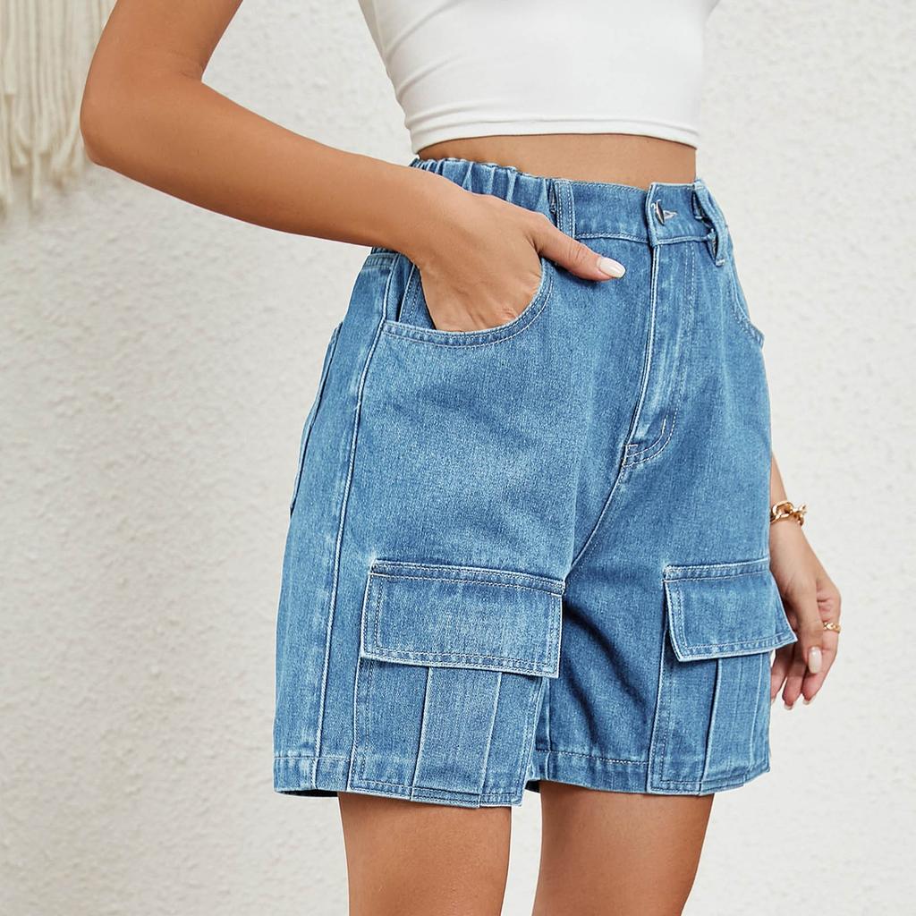 Women's Fashion Wash Elastic Waist Cargo Casual Denim