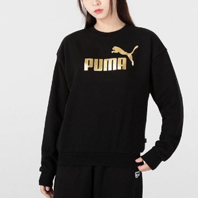 Puma Logo Printed Crew Neck Pullover Long Sleeve Sweatshirt Women sweatshirt Black 670945-01
