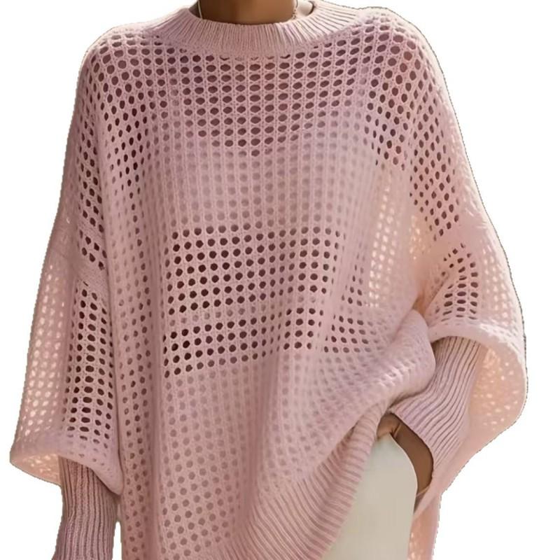 Oversized 2026 Knit Sweater Women Loose Fit Crochet Cutout Top Long Sleeve Round Neck Casual Pullover