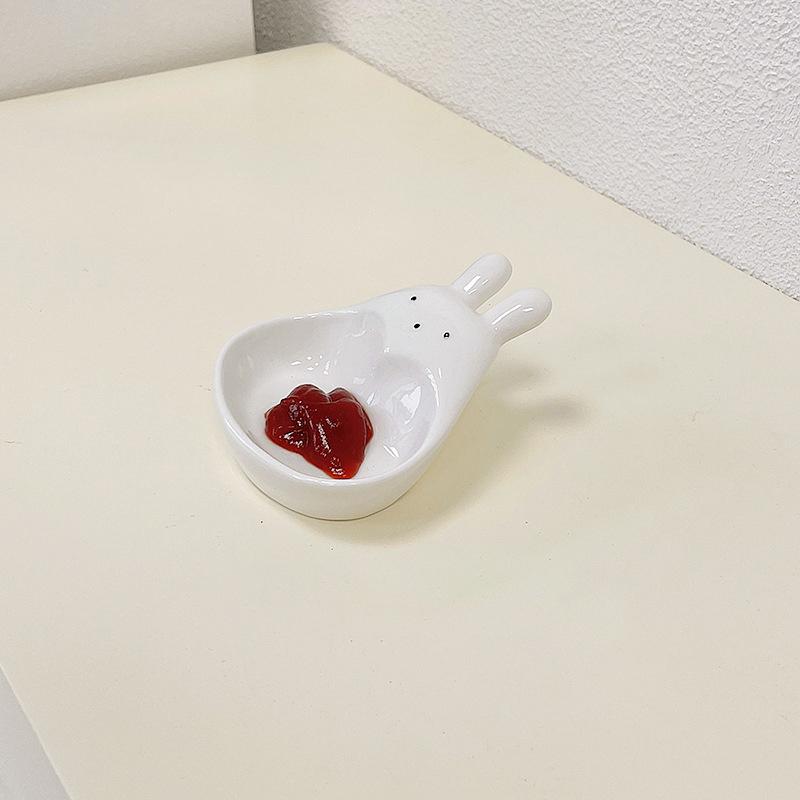 Super fofo coelho de desenho animado molho pires doméstico tridimensional cerâmica pires ketchup lanche prato vinagrete coelho branco