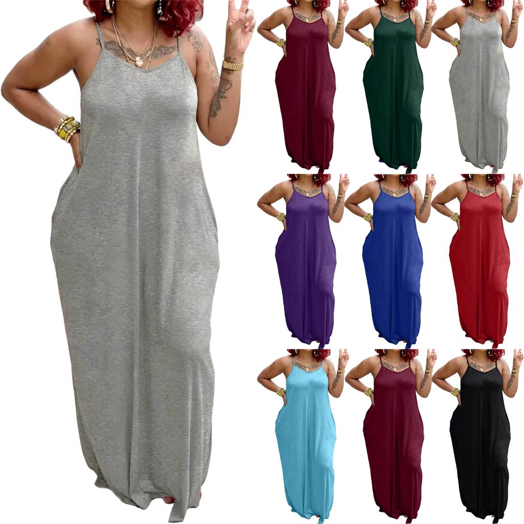 Women's Loose Fit Sleeveless Maxi Dress Casual Spaghetti Strap Relaxed Style Long Dress with Pockets for Summer Fashion