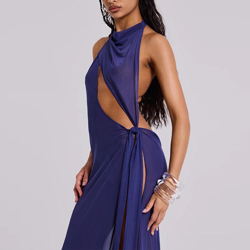 New Women s Clothing Temperament Neck Hanging Hollow Dress Sexy Split Mesh Backless Dress S синий
