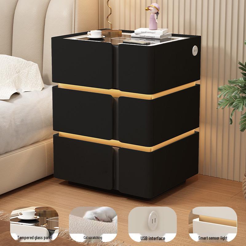 Solid Wood Smart Bedside Table with Wireless Charging, Modern Minimalist Design, Three-Layer Storage, Floor-Standing for Small Apartments.