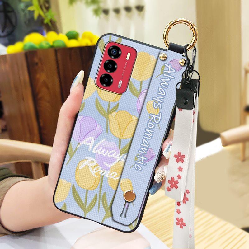 Durable Lanyard Phone Case For ZTE Blade V40 Vita/A72 Ring Anti-dust Fashion Design Silicone Kickstand Waterproof Flower