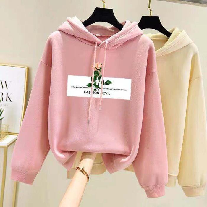 Korean Style Women's Fleece-Lined Hooded Sweatshirt, Plus Size, Loose Fit, Long-Sleeved, for Autumn and Winter.