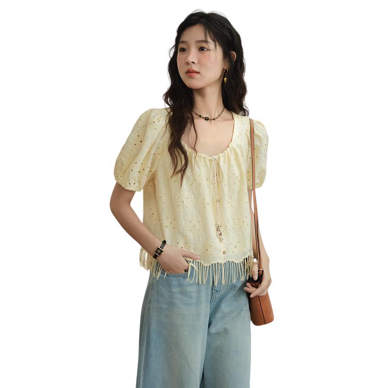 MiXiu Women s Yellow Embroidered Blouse S