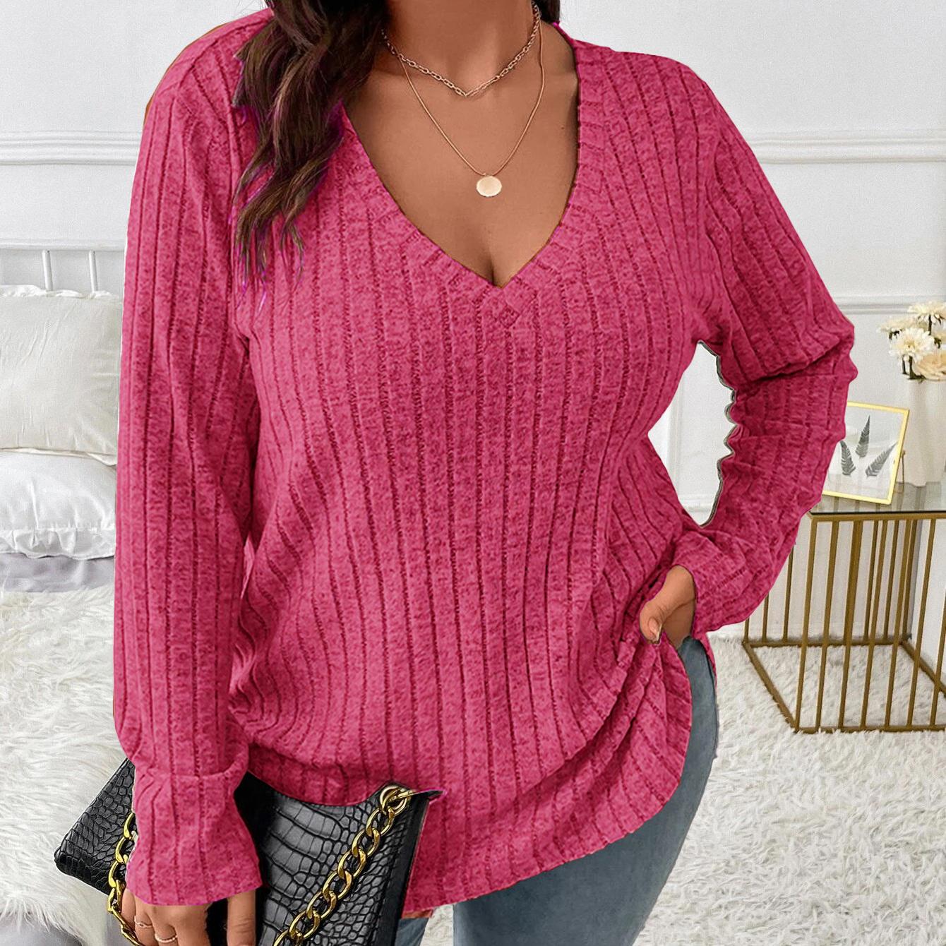 Осенне-зимний однотонный женский топ больших размеров с v-образным вырезом и длинными — фото 14