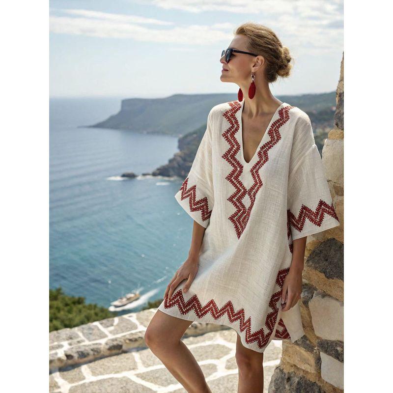 New Amazon Women's Clothing Super Fairy V-Neck Dress Seaside Vacation Beach Dress Printed Loose Mid-Length Dress