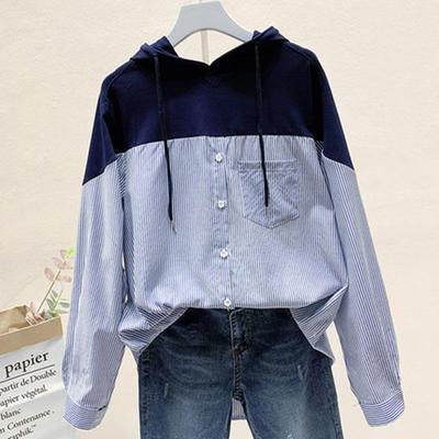 Spring and Autumn Women's Shirt Stripes Loose Hooded Sweatshirt Long Sleeve Splicing Blouse Tops
