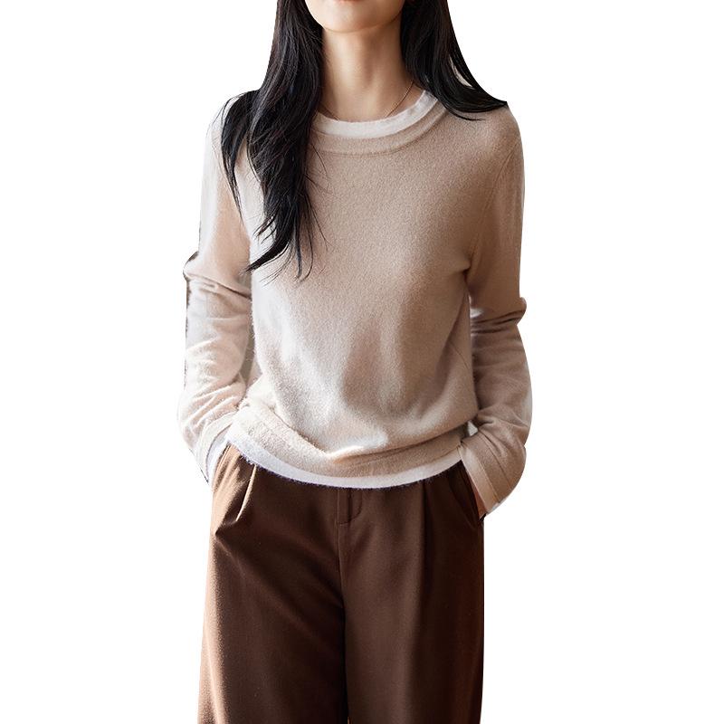 Women's Round Neck Color Block Wool Sweater: Patchwork Long Sleeve Pullover, Two-Piece Look, Versatile Knit Base Layer.