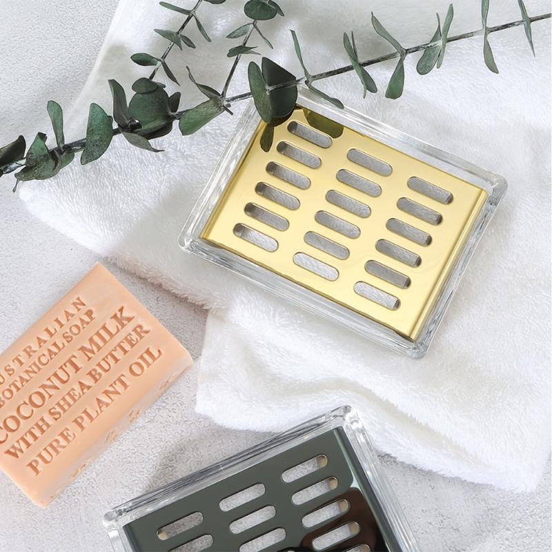 Bathroom Sink Glass Soap Dish with Metal Drain Tray, Freestanding Rectangular Design for Countertop Wash Area Use