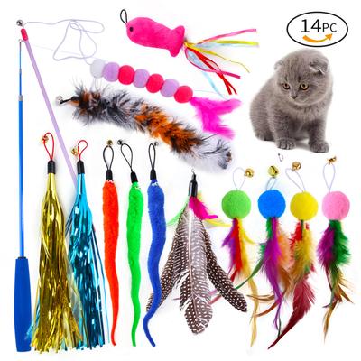 Conjunto de brinquedos para gatos, cabeça de substituição de penas de lagarta, bola de cabelo colorida, vara de pesca retrátil