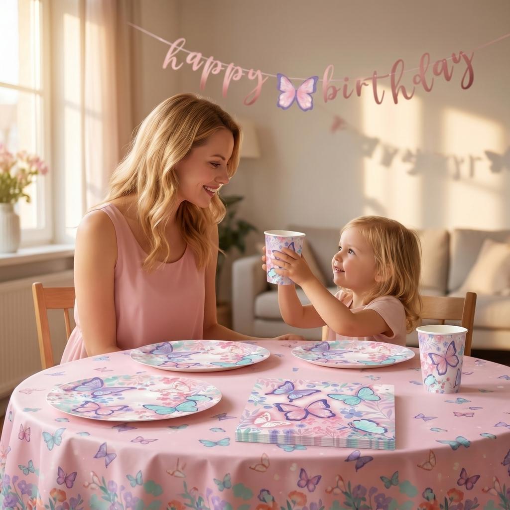 Schmetterling Thema Geburtstagsparty Zubehör Set Enthält Teller Becher Servietten Tischdecke für Kinder Party Dekoration Geschirr Set