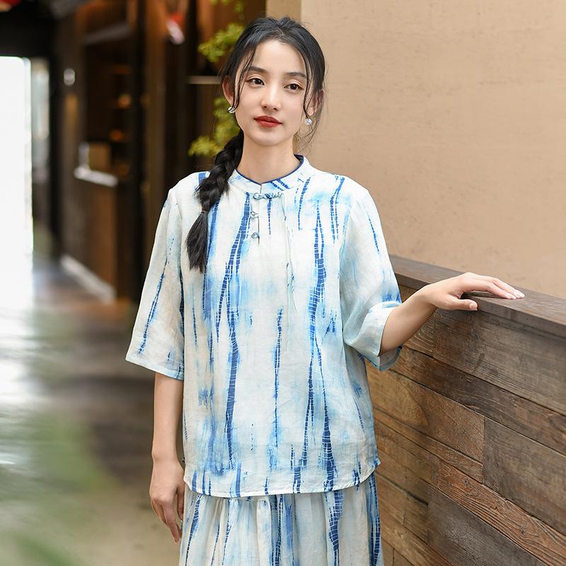 

Johnature женские полосатые футболки с короткими рукавами и стойкой летние женские тканевые футболки в китайском стиле на пуговицах винтажные футболки XXL синий