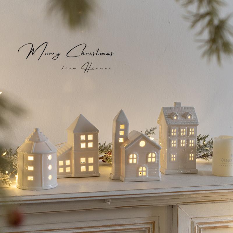 LED Light Up Ceramics Village House Figurine Glowing Porcelain Statue Christmas Ornament Festival Desktop Home Decor