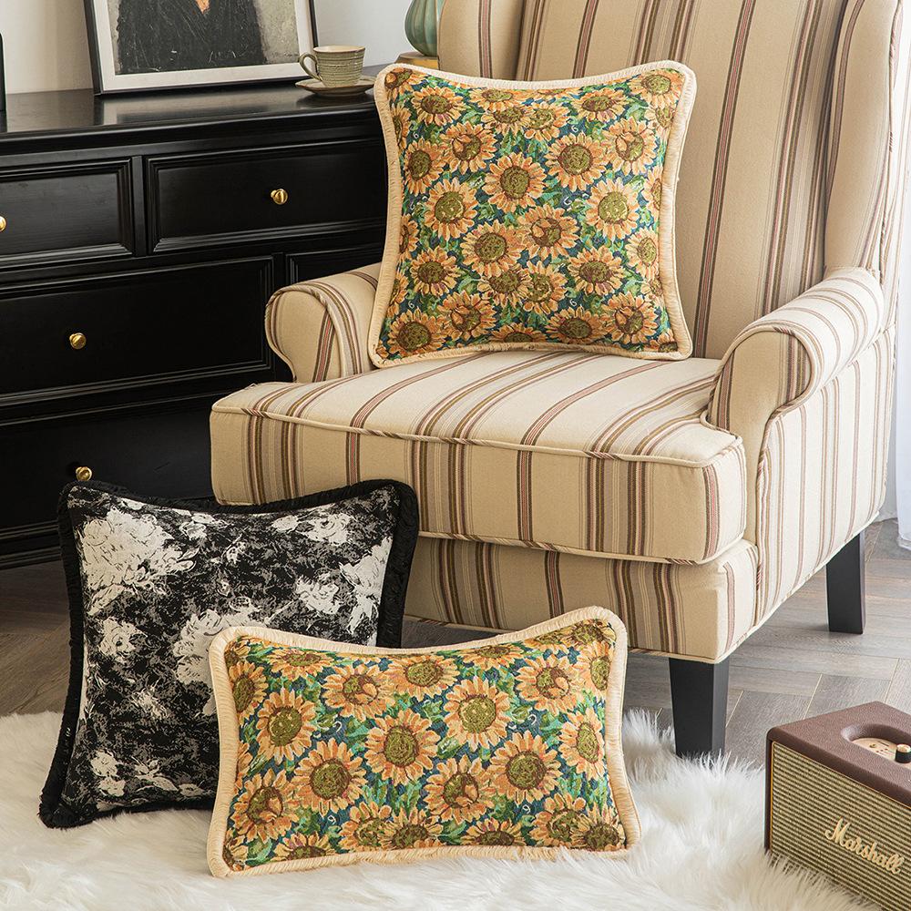 European Classical Jacquard Pillow Case Oil Painting Style Sunflower Tassel Waist Pillow Case Living Room Sofa Cushion Pillow Case