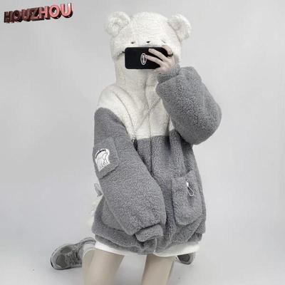 Lovely Bear Jacket Japanese Women New Autumn Winter Thickened Hooded Zipper Jacket Sweet Trendy Warm Coat for Young Girls