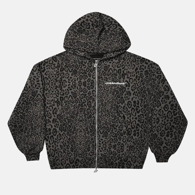 Vintage leoparda apdrukas ar rāvējslēdzēju hūdijs