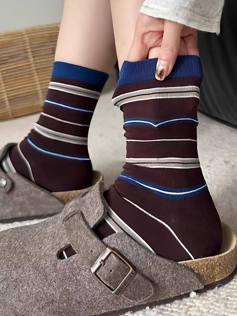 Fashion Blue-Brown Contrasting Striped Socks Autumn Cotton Wrapping Straight Socks Crimped Large Dot Stacked Medium Tube Socks