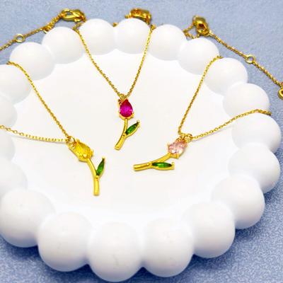 Fresh And Cute Colored Zircon Mini Tulip Stylish And Sweet Niche Design Necklace