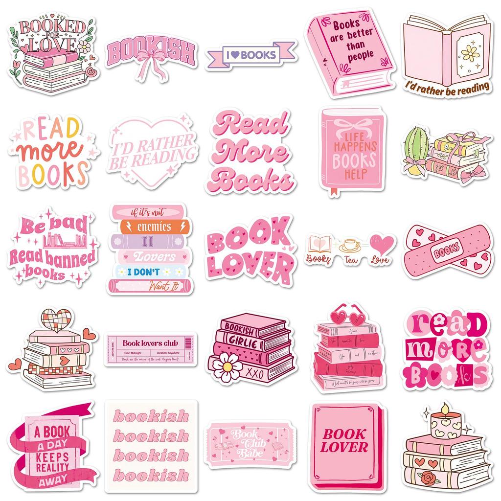 50 Pink Romantic Bookish Stickers - Waterproof DIY Decorative Reading Stickers
