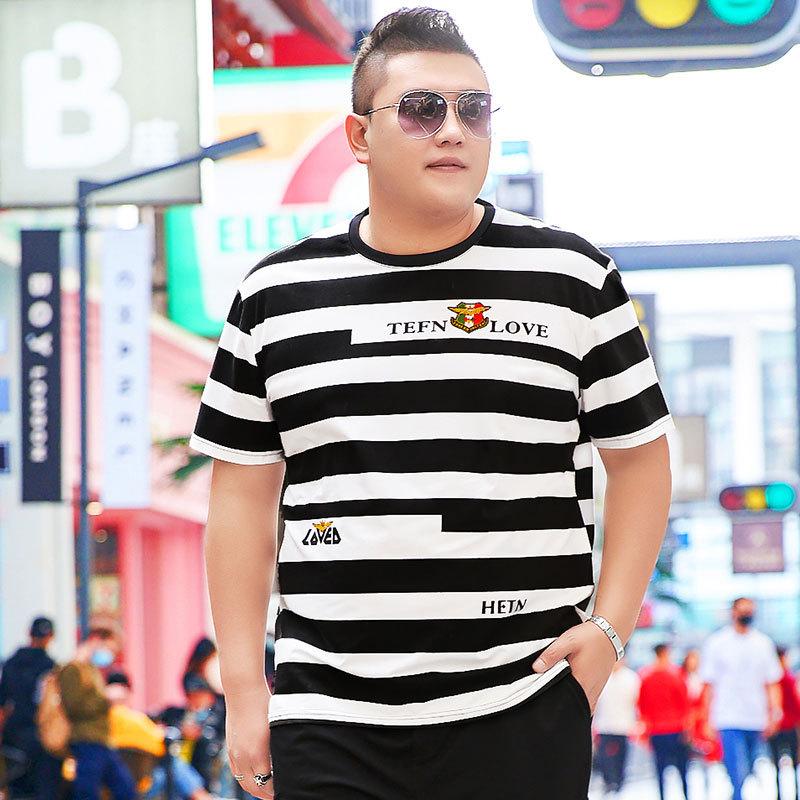 Chao Brand Übergroßes Herren-T-Shirt mit Rundhalsausschnitt und kurzen Ärmeln für den Sommer, dicker Mann, große Größe, lockeres, gestreiftes Body-Shirt, Oberteil 195