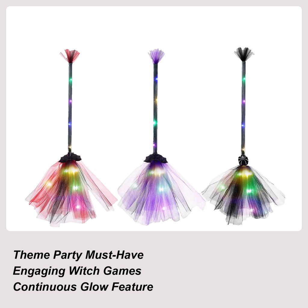 Halloween Witch Broom LED Illuminated Mount Broom Lightweight Mesh Broom Props Holiday Decor Cosplay Accessories
