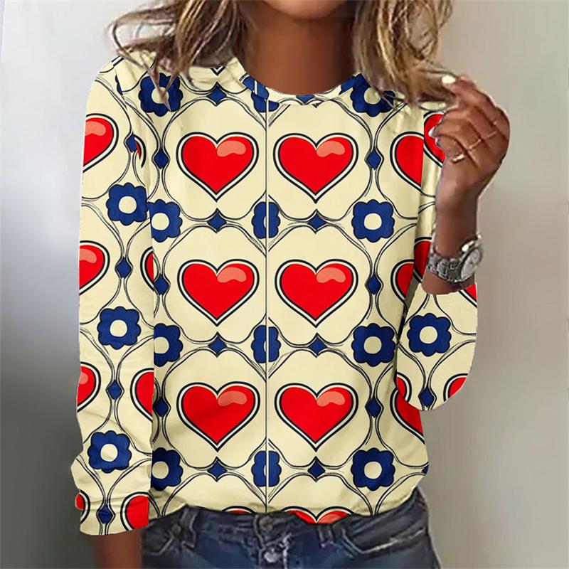 Love Heart Graphic 3D Digital Printed Women's Fashionable and Personalized Round Neck Long Sleeved T-shirt
