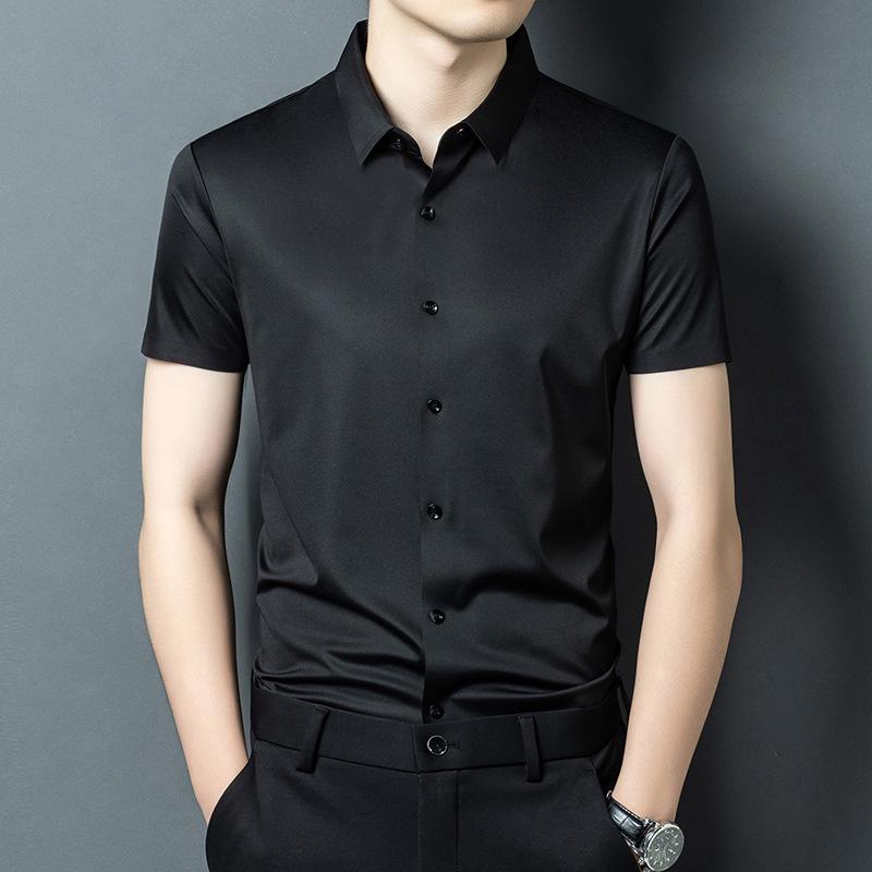 2026 Men's Seamless Ice Silk Stretch Short Sleeve Shirt - Business Casual, Non-Iron, Solid Color