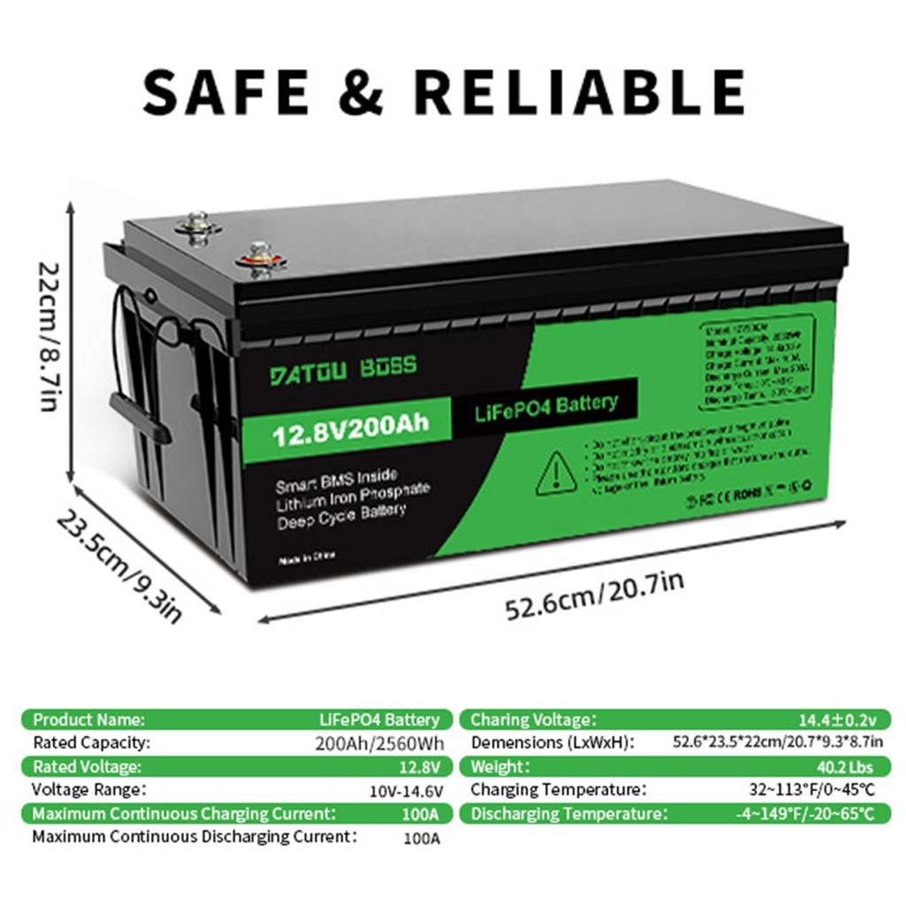 EU UK Stock 12V 200Ah PLUS LiFePO4 Battery, Built-in 200A BMS, 2560Wh Lithium Battery,Up to 8000 Cycles, Deep Cycle Battery