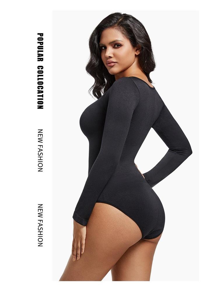 Women's Plus Size Seamless Body Shaping Long Sleeve Bodysuit with Tummy Control