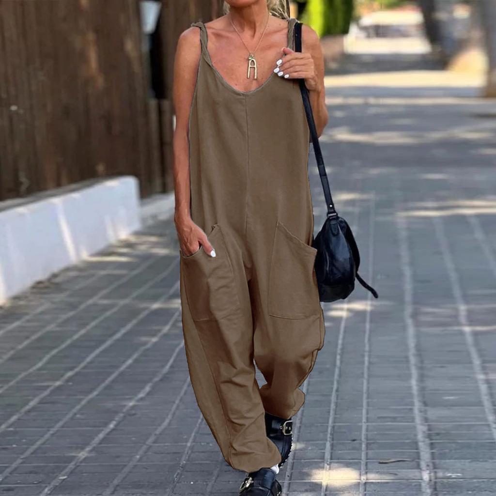 Ladies Wring Shoulder Strap Loose Casual Overalls Resort Solid Jumpsuit With Pockets