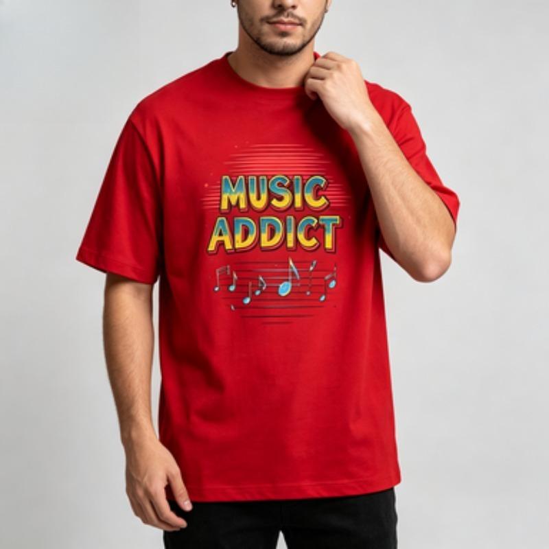 Soft Cotton Unisex Tshirt Vintage Music Addict Note Art Print Oneck Trendy Loose Fit Hip Hop Daily Casual Outfit Tops