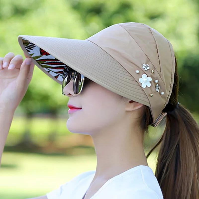 Casual Women Summer Wide Brim Sun Visor Hat Adjustable UV Protection Foldable Sport Empty Top Cap Beach Cap Fast Dry Cap