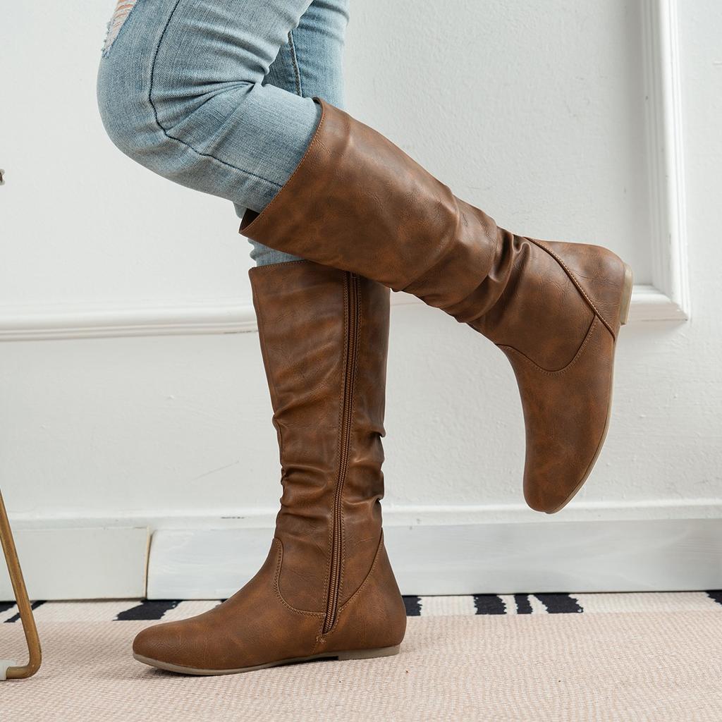 Fashion Comemore Black Wedges Women's Boots 2025 Autumn New Large Size Wrinkled Mid-calf Boots Round Toe Ladies Shoes High Heel Botas