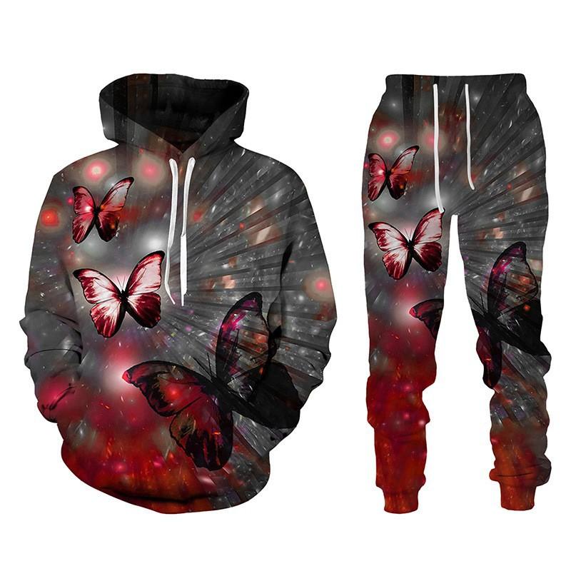 3D Butterfly Printed Men's 2-piece Outfits Casual Men Women Hooded Sweatshirt Suit Autumn Oversized Fashion Tracksuit Pants Sets