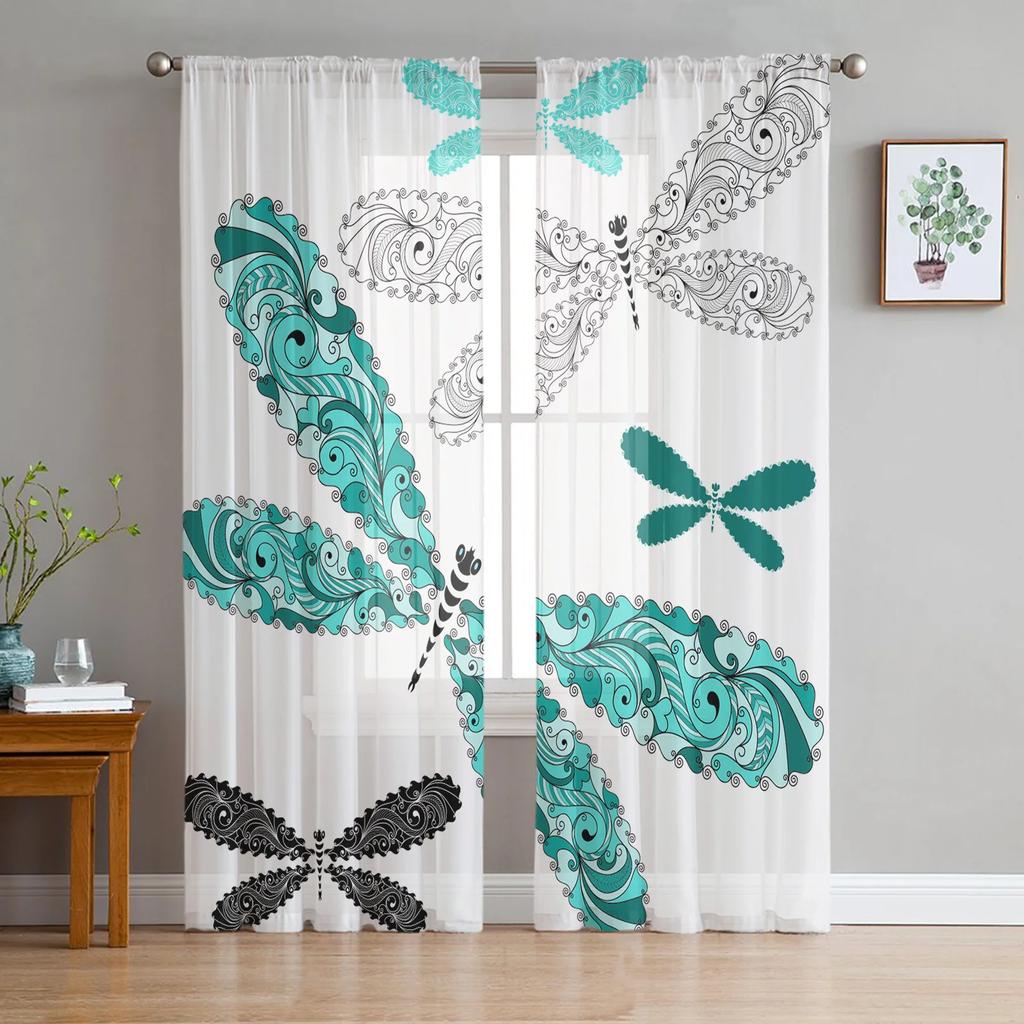 Dragonfly Flowers Curtain Living Room Voile Window Blinds Bedroom Tulle Drape Kitchen Cortinas Hall Curtains Light Filtering Polyester Ideal For Great