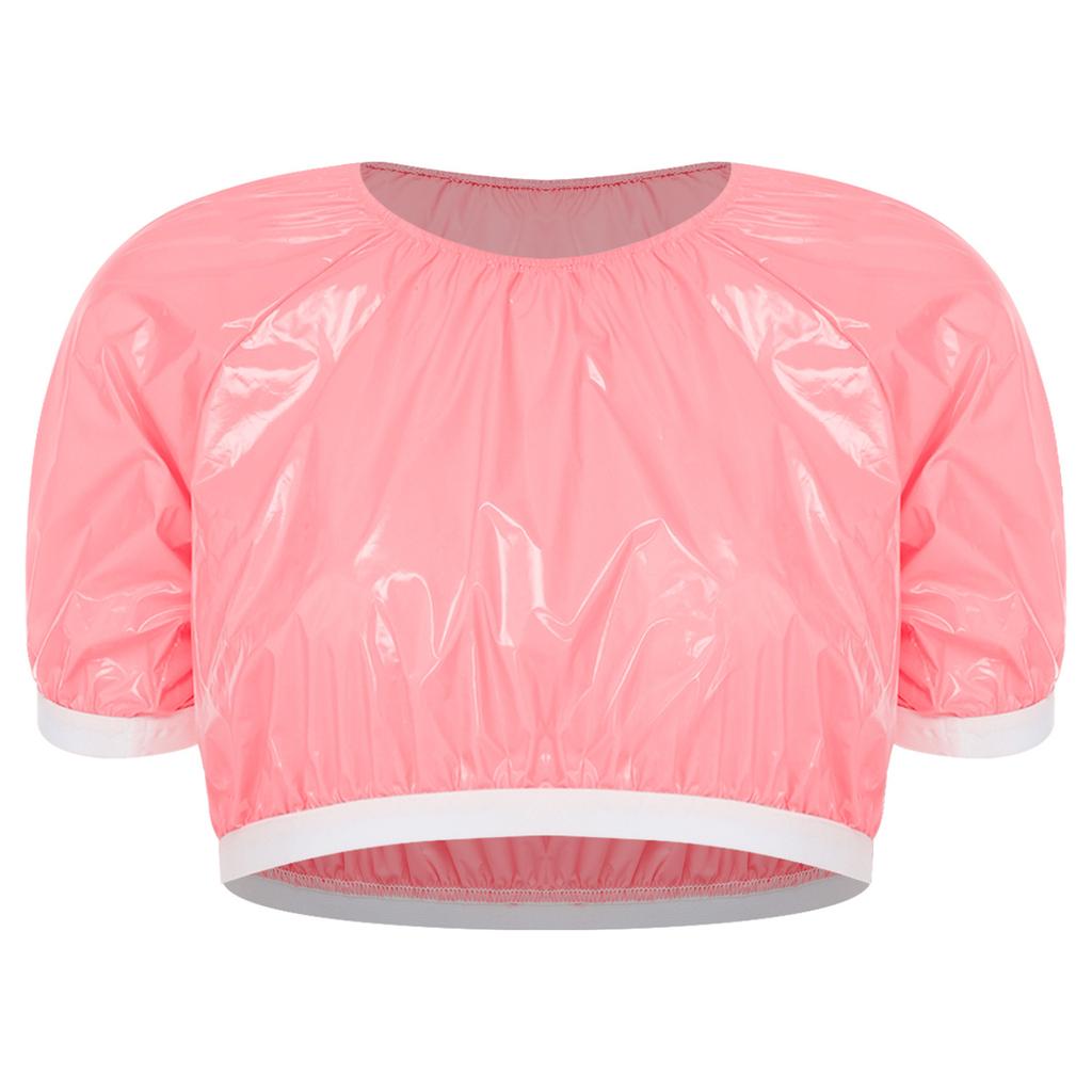 S-3XL Donna Impermeabile Lucido Crop Top Manica Corta Pullover Vinile T-shirt per Costume da Bagno Rave Clubwear Esigenze Speciali