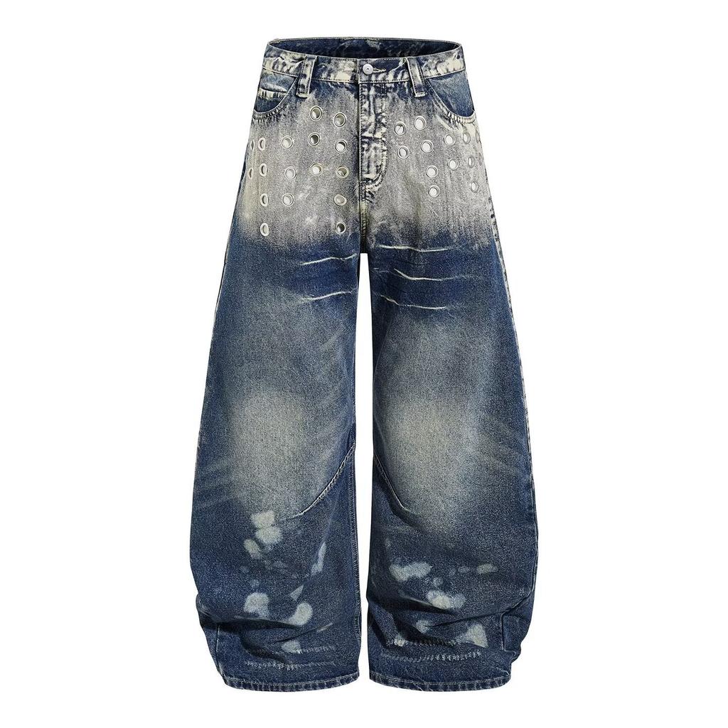 High Street American Metal Air Eye Design Scimitar Ink Splashing Jeans Washed White Straight Wide Leg Floor Mopping Pants Men and Women